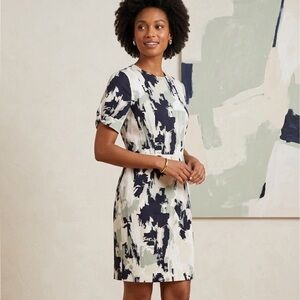 HUGO BOSS Beige & White Shift Dress with Abstract Print. Size 12